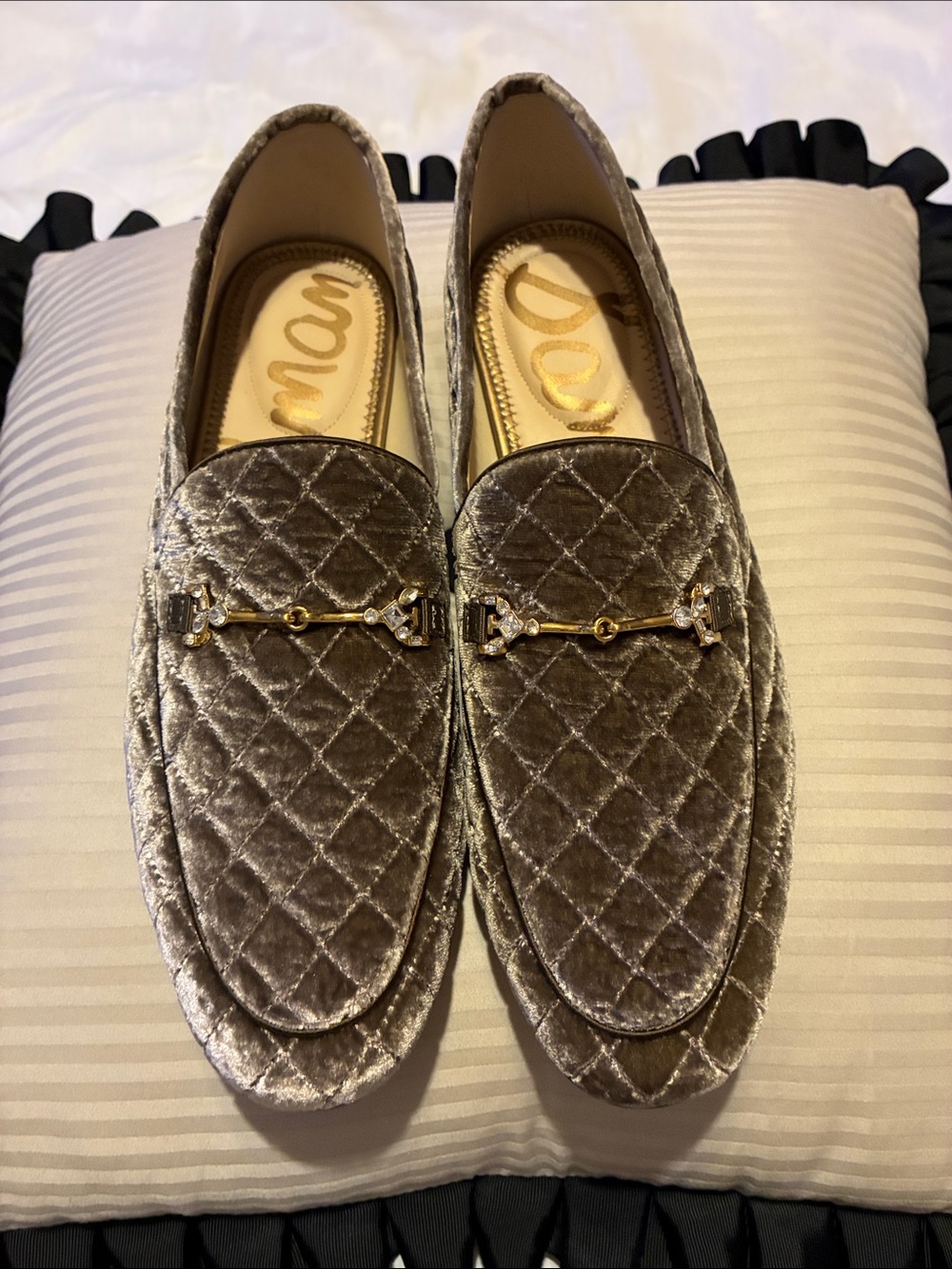 Sam Edelman Quilted Velvet Loafers with Gold Bit - Taupe